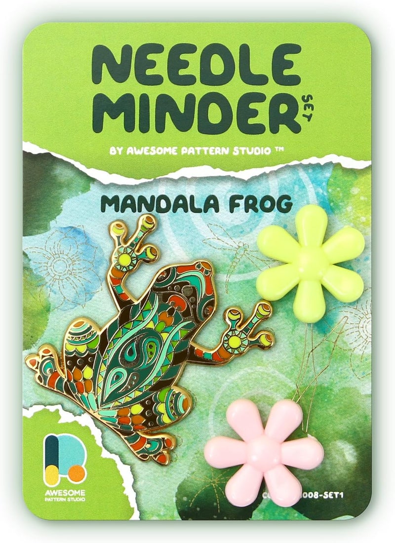 Awesome Pattern Studio Needle Minder Set - Mandala Frog Magnetic Needle Minder + 2 Needle Threaders. Enamel Pin for Cross Stitch, Embroidery and Craft - Image 1